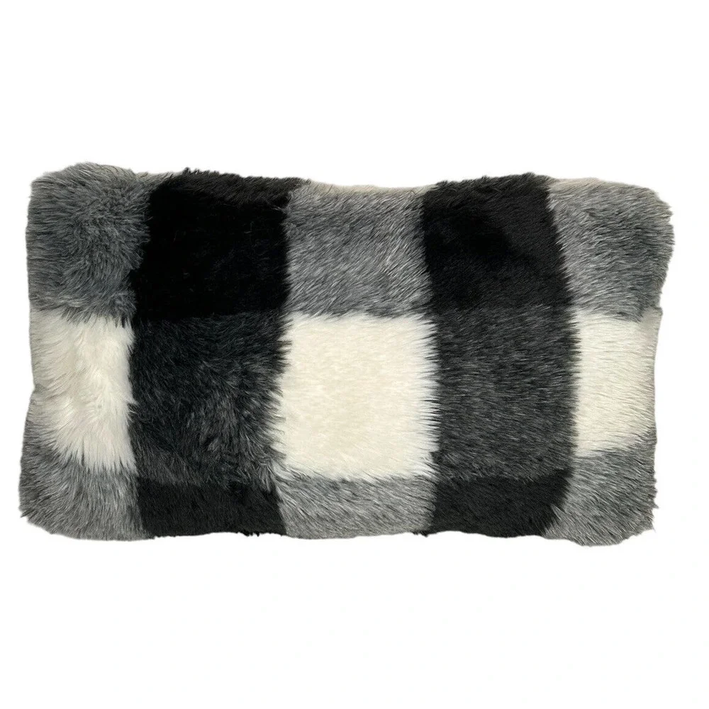 Farmhouse Buffalo‎ Check Plaid Throw Pillow Black White Rectangle Faux Fur 23x14
